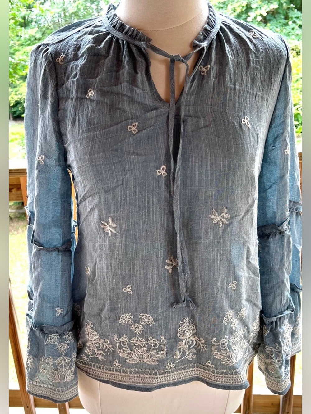 Hope Springs Embroidered Tie-Neck Women's Top - Slate Blue